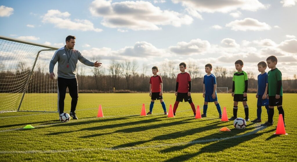 soccer coach running build-up drill with cones showing passing patterns in 9v9 training