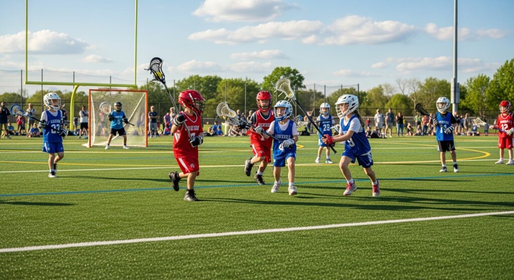 youth lacrosse game duration with kids playing.