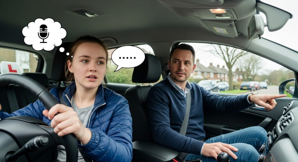 Beginner driver practicing commentary driving with instructor guidance