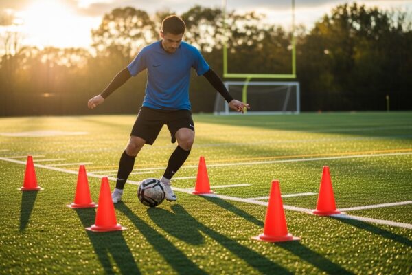 soccer player practicing dribbling drills with cones on turf field