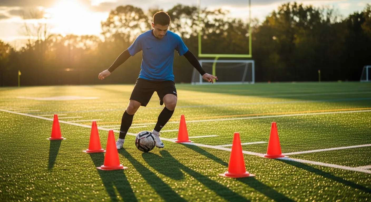 soccer player practicing dribbling drills with cones on turf field
