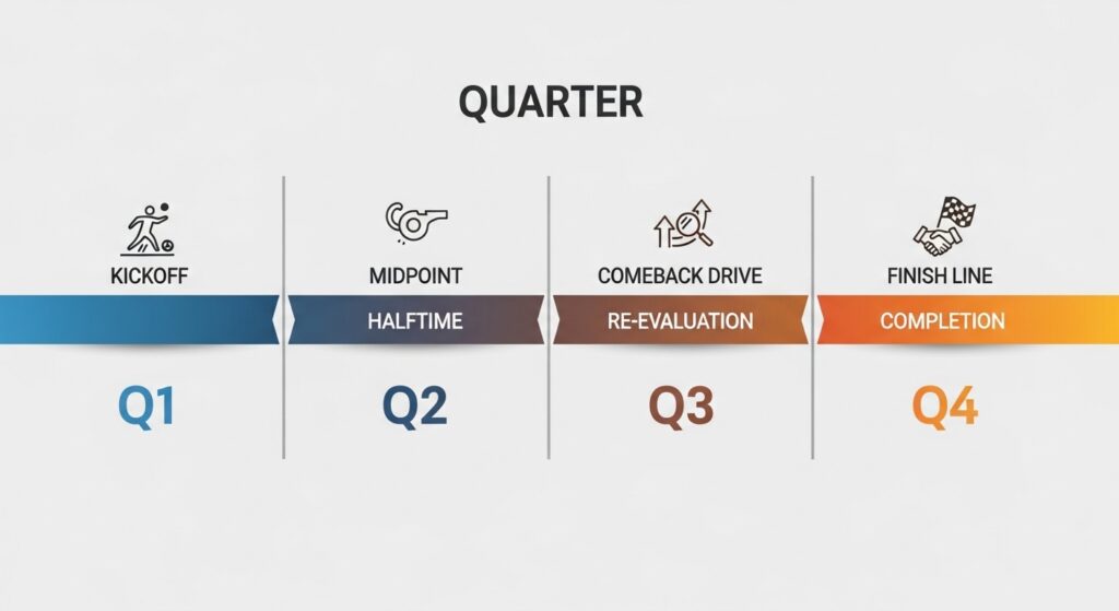 Timeline graphic showing four quarters of a football game with key moments for each phase.