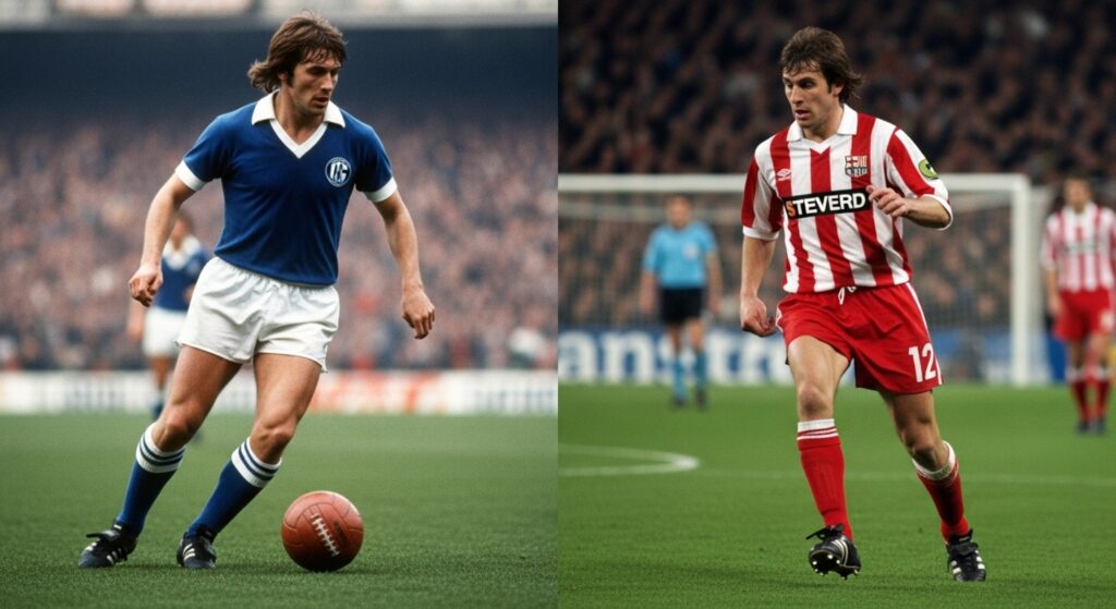 comparison of football legends from different eras wearing vintage and modern kits