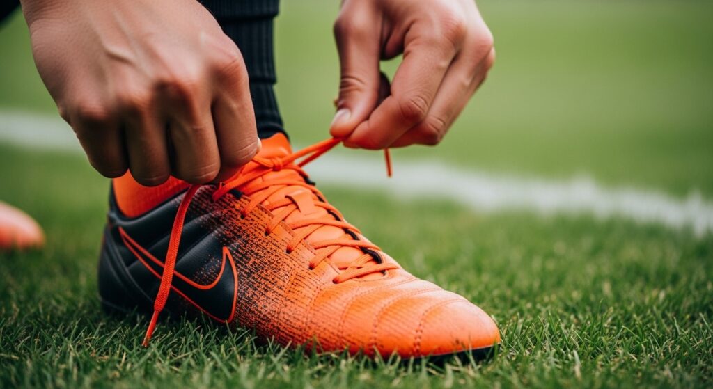 football player tying boots, showing preparation and focus before a match