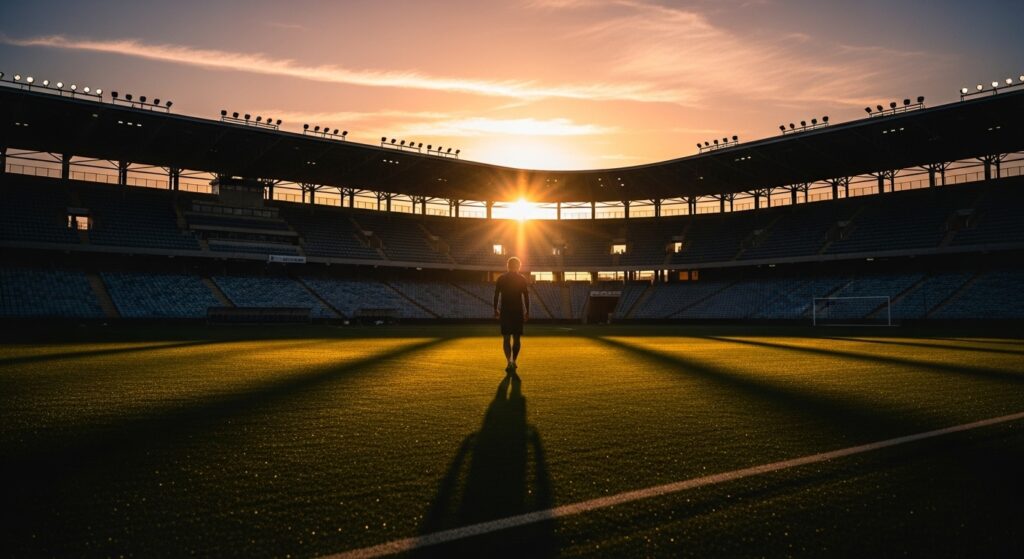 silhouette of football player walking in empty stadium at sunset, reflective mood
