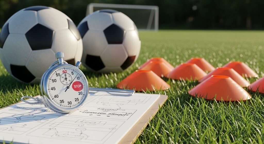 Stopwatch and coaching clipboard on soccer field representing drill timing and shot reps