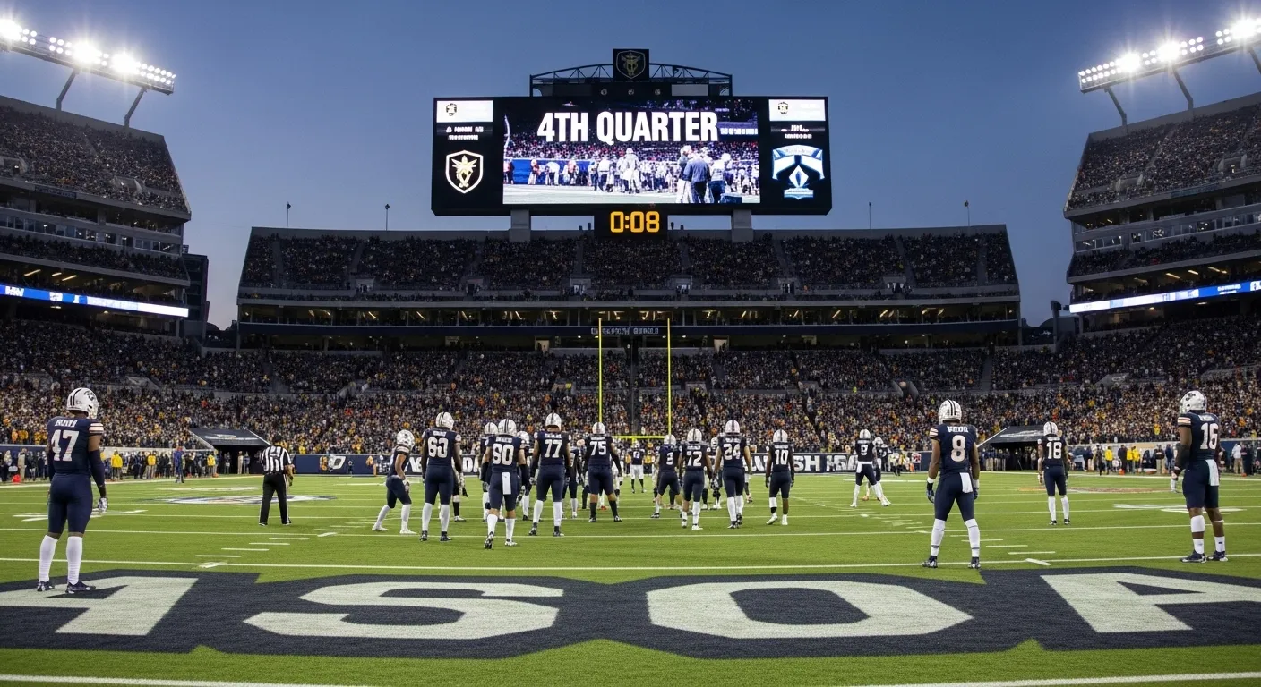 Football game duration explained – stadium view with scoreboard clock in fourth quarter