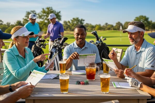 Golfers settling golf betting game scores after a round with scorecards and drinks on clubhouse patio.