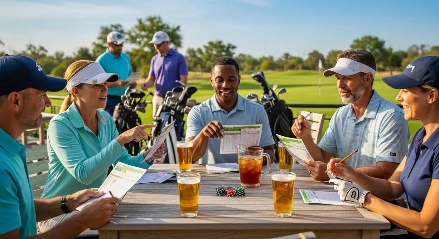 Golfers settling golf betting game scores after a round with scorecards and drinks on clubhouse patio.