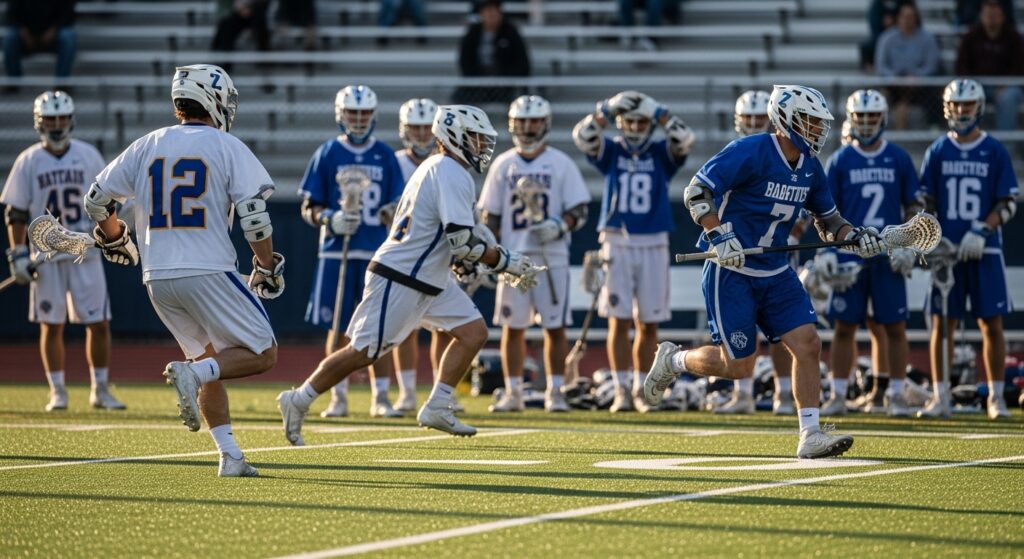 Lacrosse substitution zone with players entering and exiting the field.