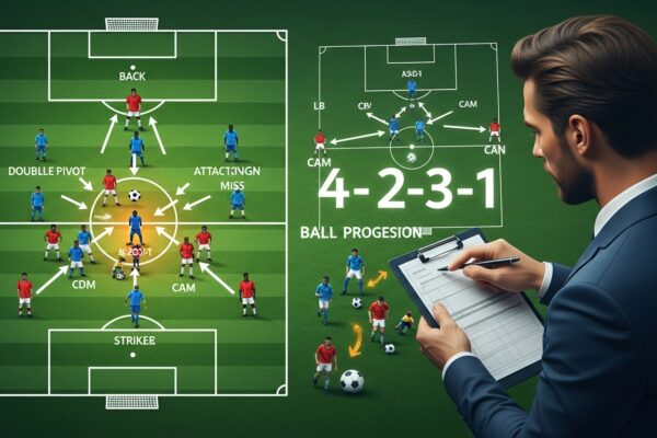 Coach explaining 4-2-3-1 formation strategy on a tactics board.