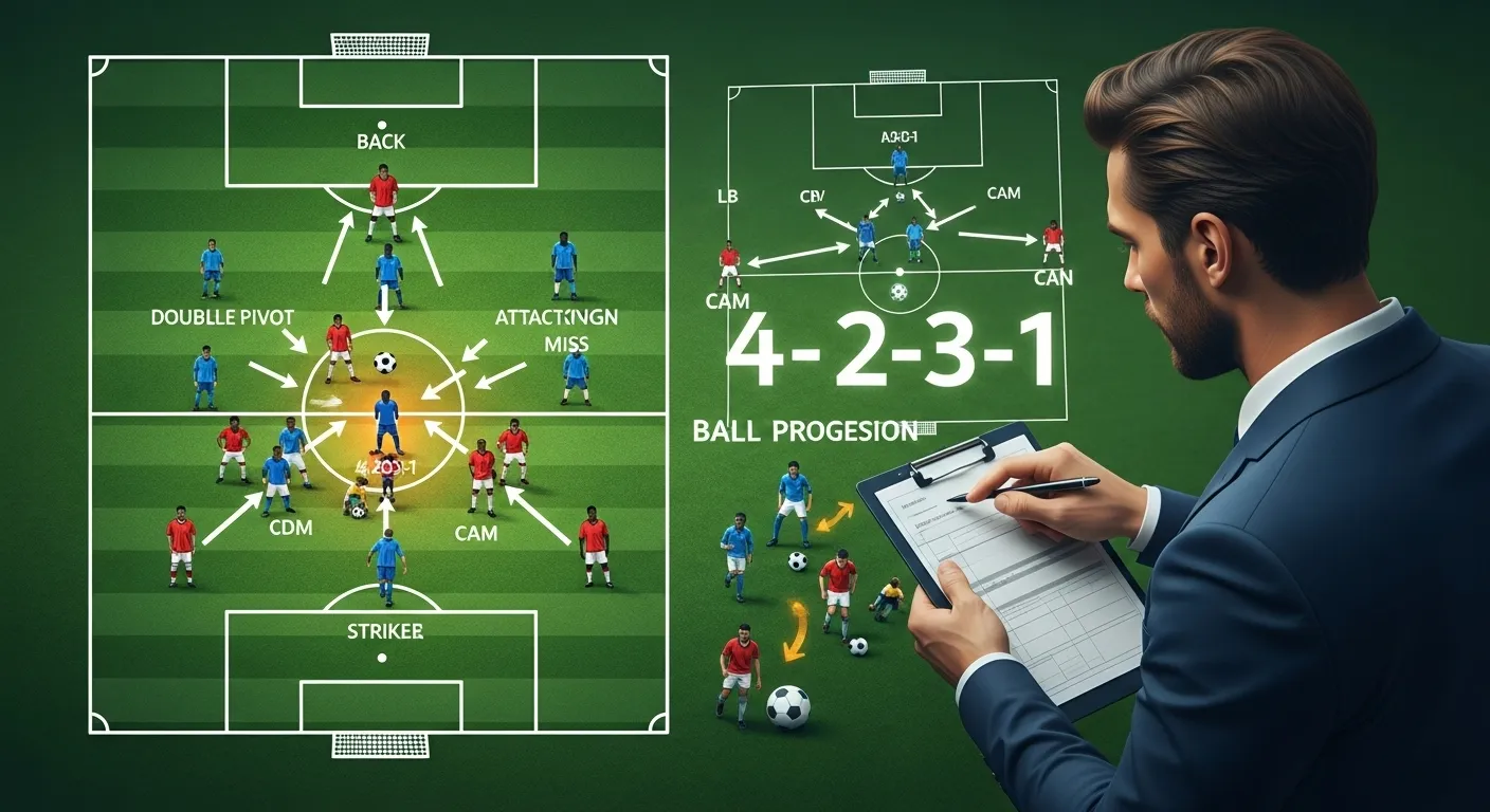 Coach explaining 4-2-3-1 formation strategy on a tactics board.