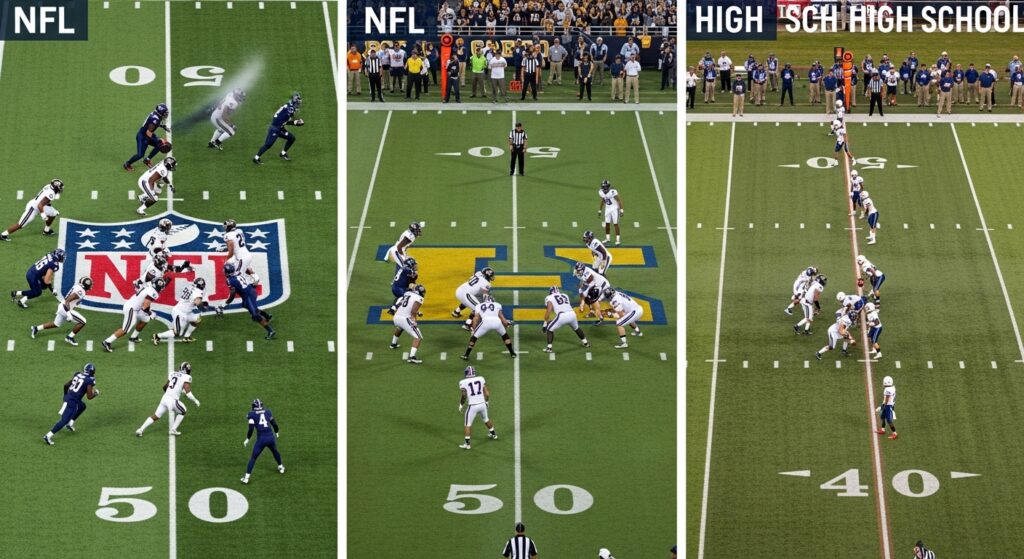 NFL, college, and high school football field comparison showing pace differences