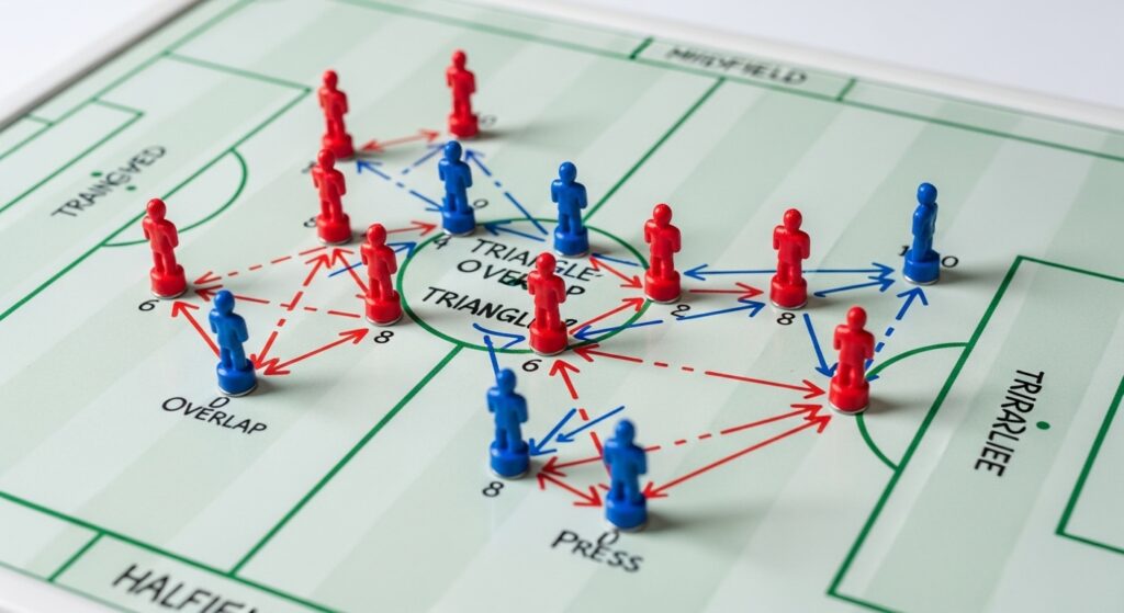 occer tactics board showing triangles and passing options in midfield