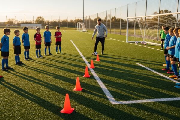 Soccer coach running shooting drill with youth players on field during training session