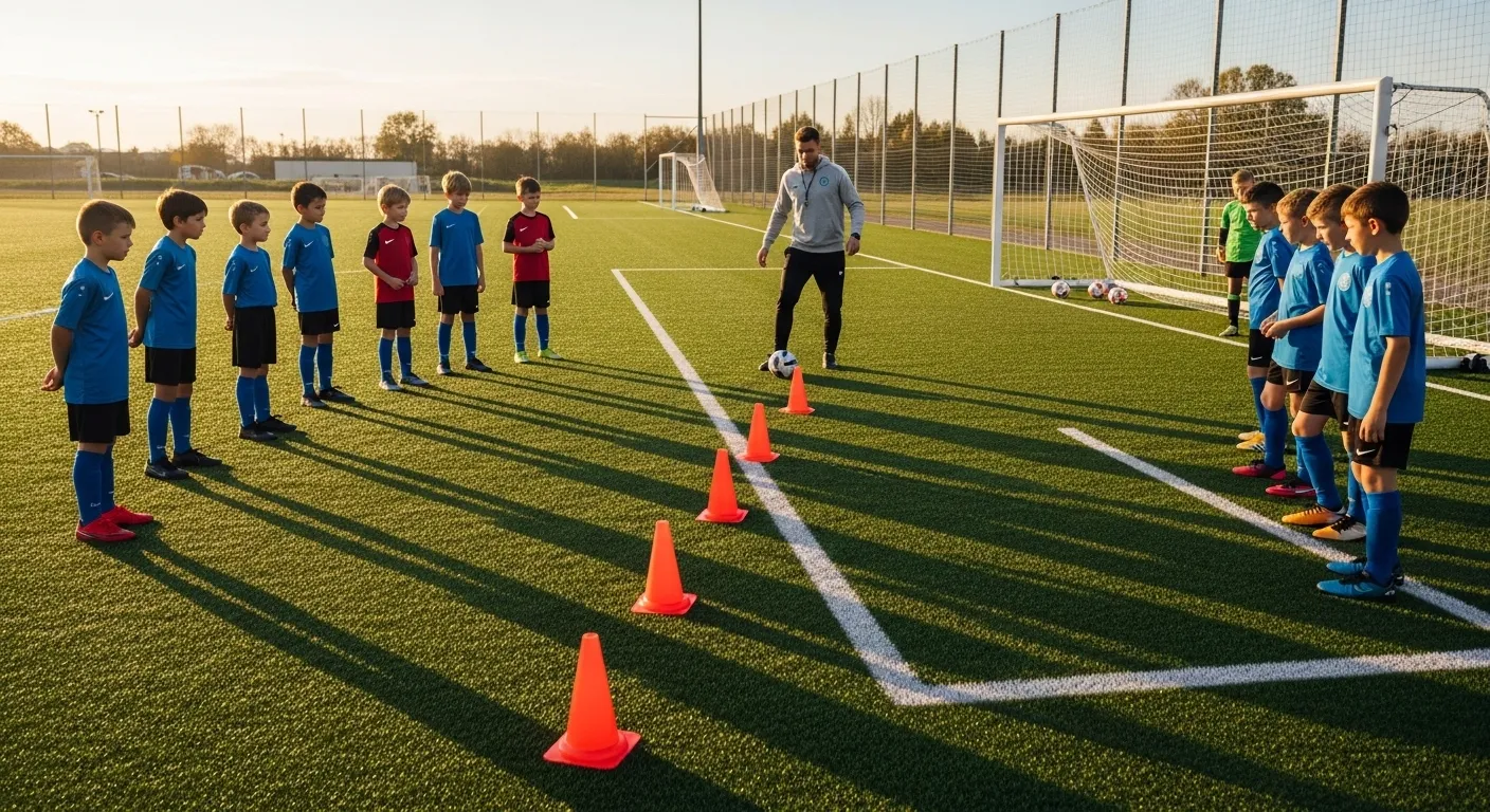 Soccer coach running shooting drill with youth players on field during training session