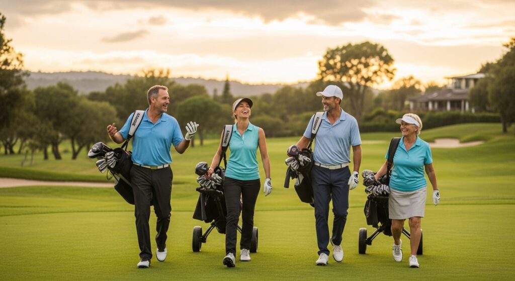 Friendly golfers sharing laughs showing the culture of golf games.