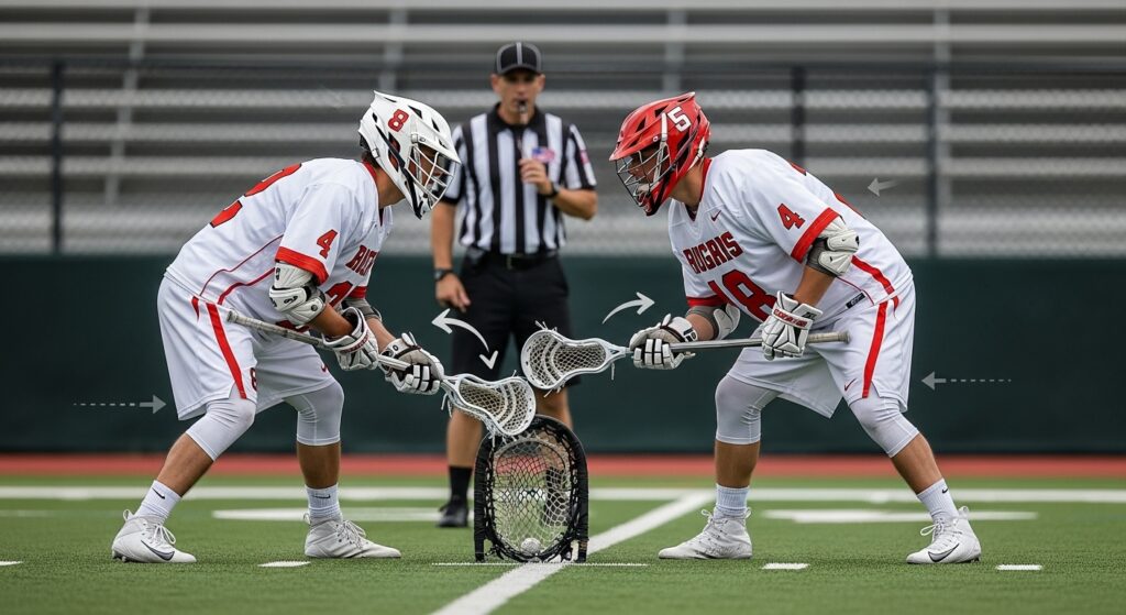 Illegal faceoff setup in lacrosse demonstration.