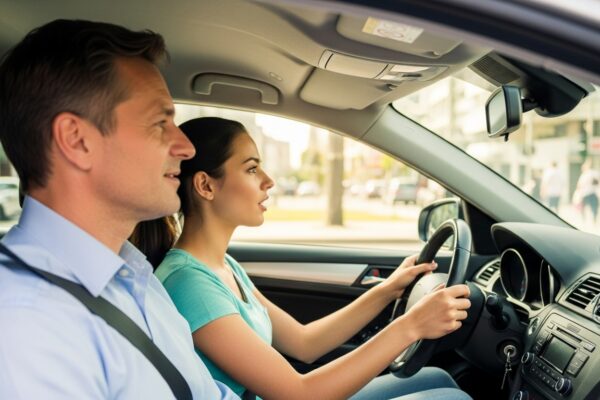 Driving coach teaching commentary driving technique during on-road lesson