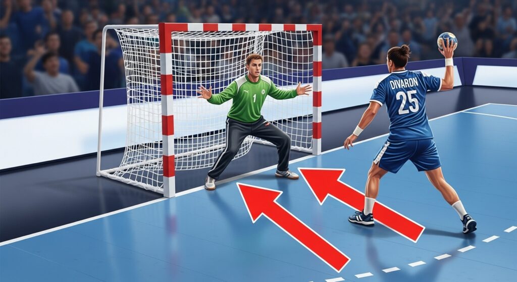 Illustration of lacrosse crease violation near the goal area.