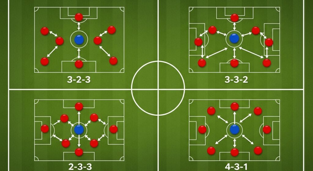 comparison of 9v9 soccer formations with tactical layouts and player roles