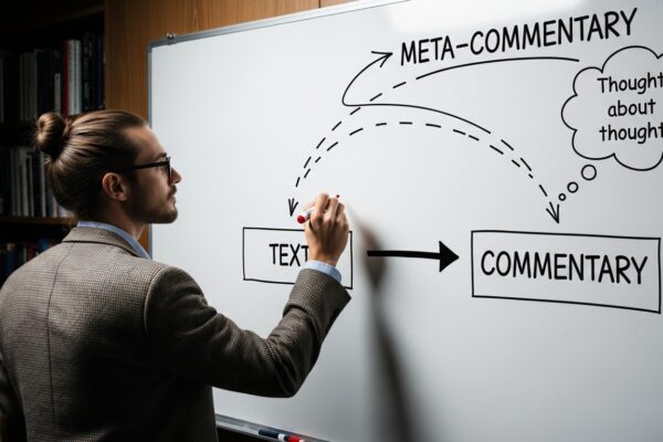 Concept illustration of metacommentary showing notes about the main text on a whiteboard