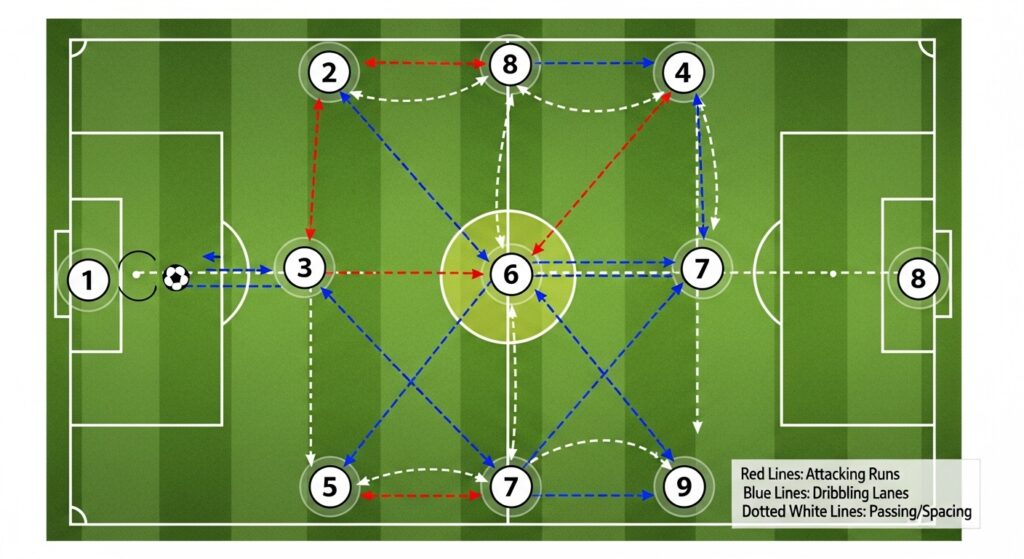 soccer formation diagram showing spacing and dribbling lanes in 9v9 setup