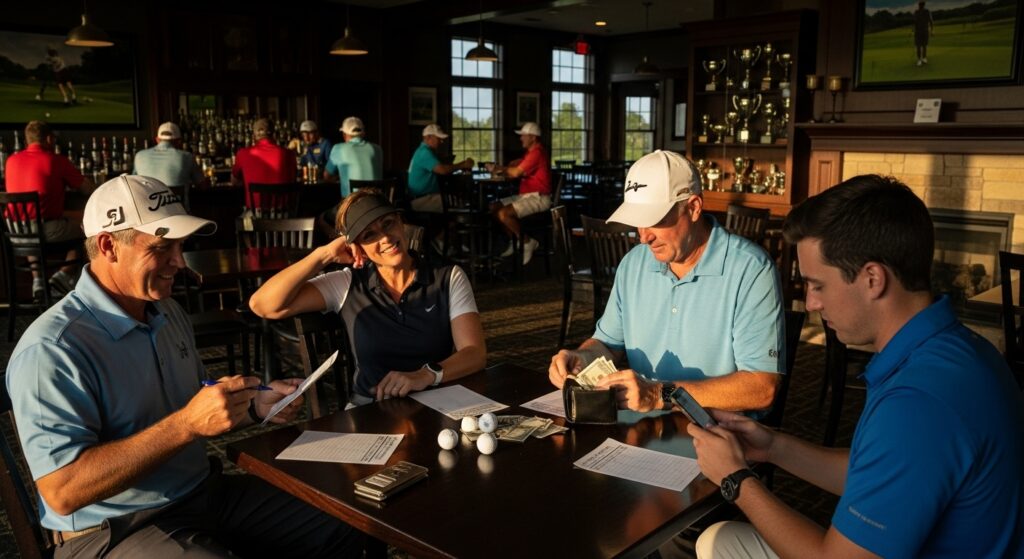 Golfers settling up golf betting game stakes at clubhouse