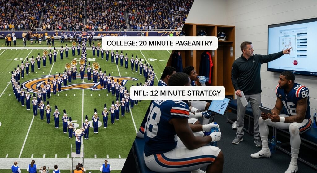 College football halftime band performance compared to NFL break.