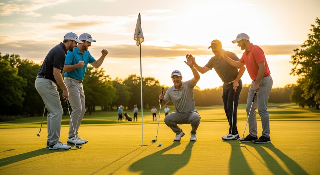 Golf team celebrating made putt in scramble format