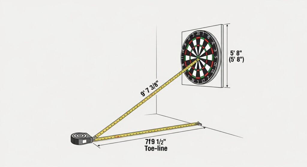 Checking dartboard setup with 2.93m diagonal measurement.