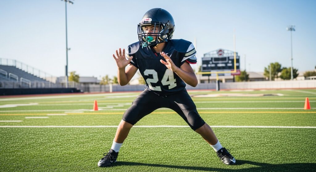 Football safety practicing backpedal and coverage drill.