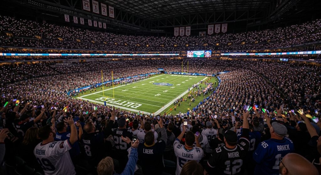 NFL playoff crowd during halftime with fans waving lights.