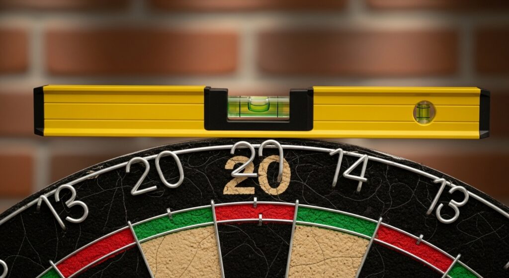 Level tool ensuring dartboard is perfectly aligned.
