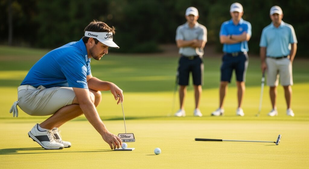 Golfer marking ball for team putt during scramble event