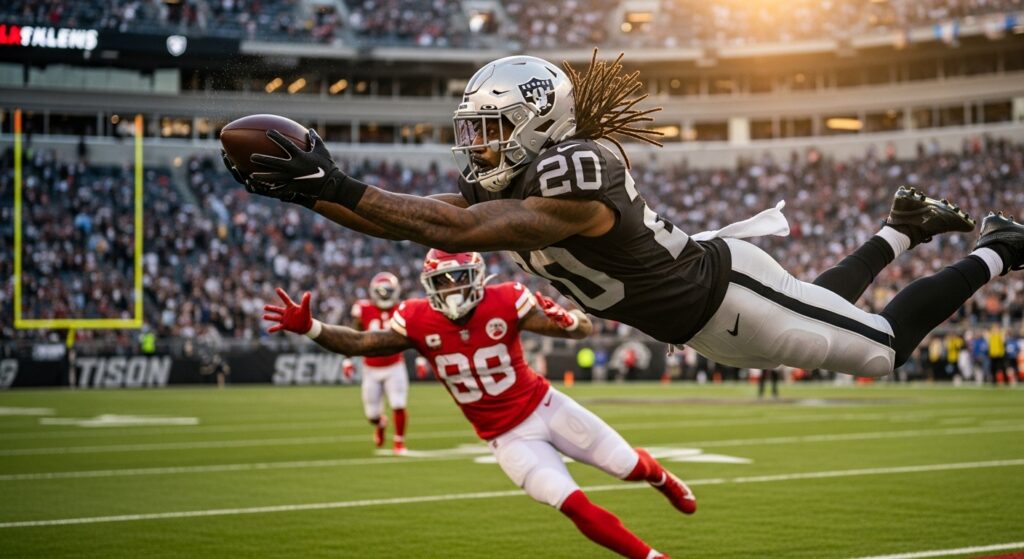 NFL free safety intercepting a deep pass during a game.