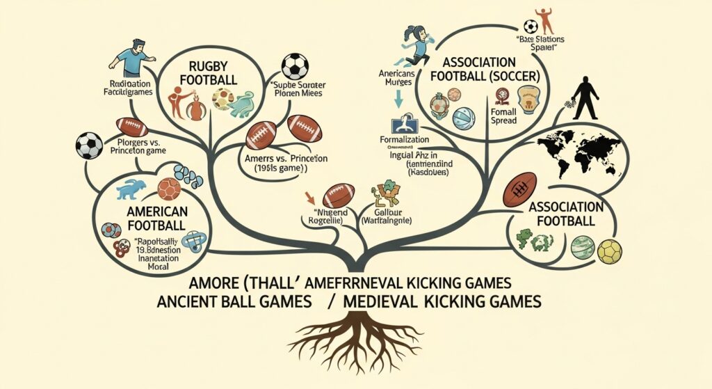 Flowchart showing the evolution of football from medieval games to modern soccer and American football.