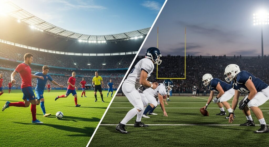 Soccer match on the left, American football game on the right.