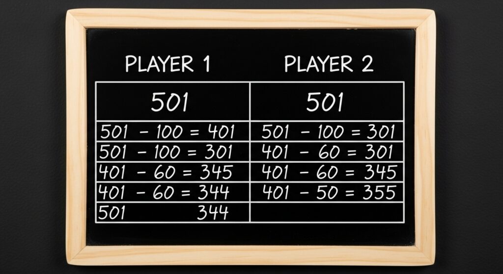 Example dart score sheet showing 501 scoring round by round.