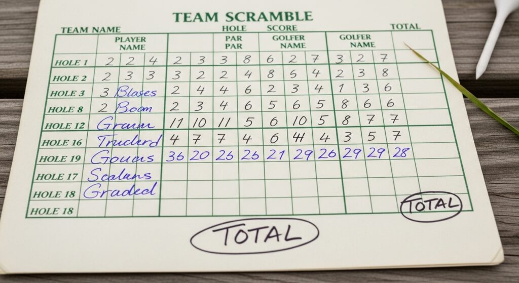 Golf scramble scorecard with team totals marked by hand