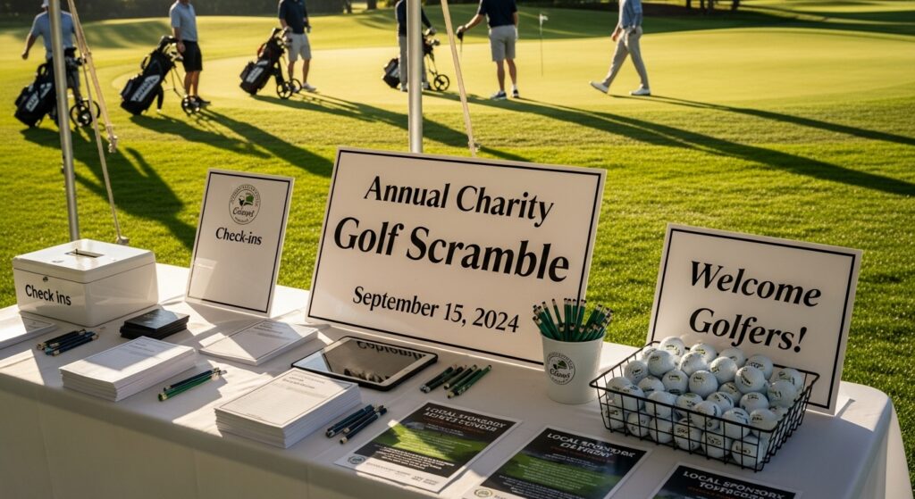 Golf scramble registration table with scorecards and welcome signs