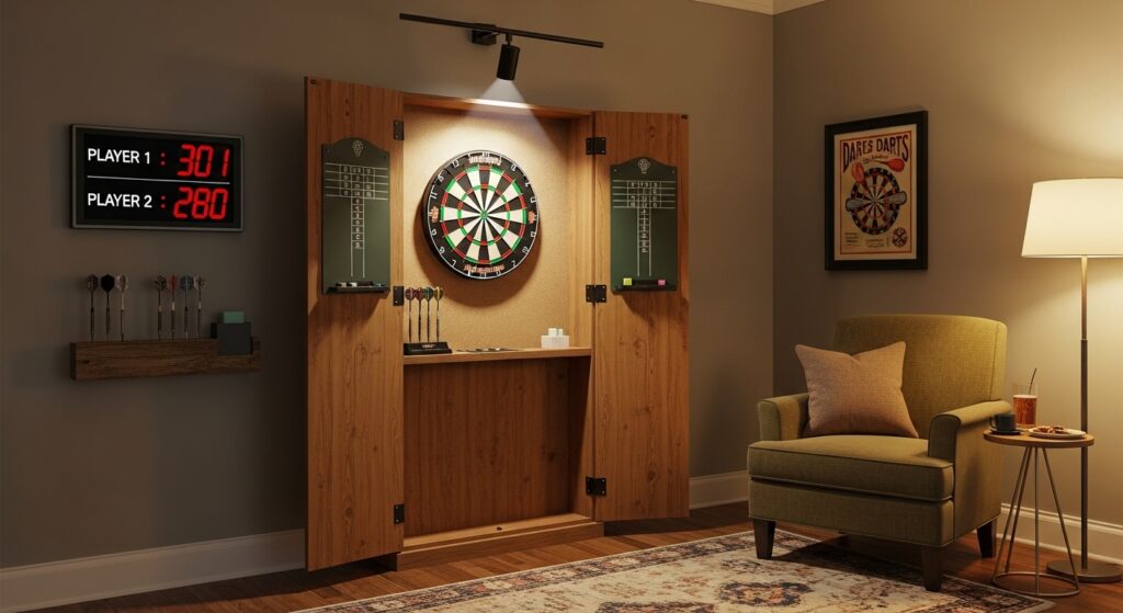Home dart setup ideas with LED light and scoreboard.
