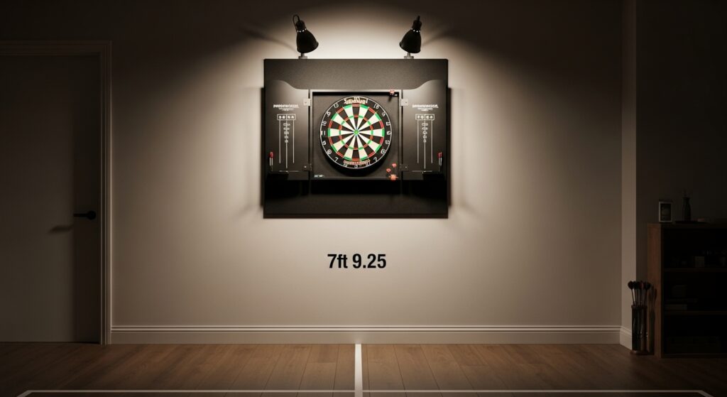 Home dartboard setup with proper spacing and lighting.