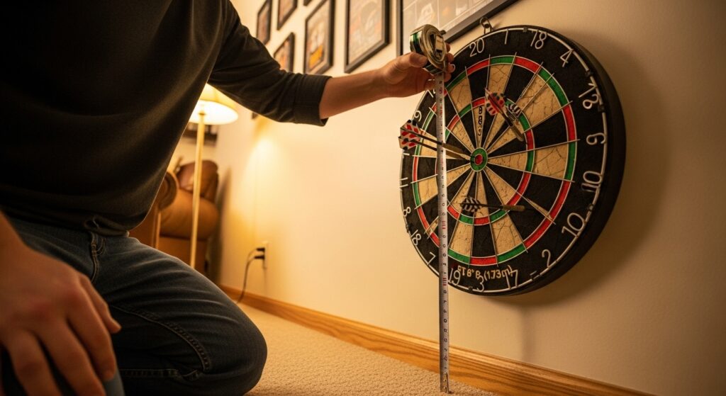 Person measuring dart board height from floor to bullseye at home.