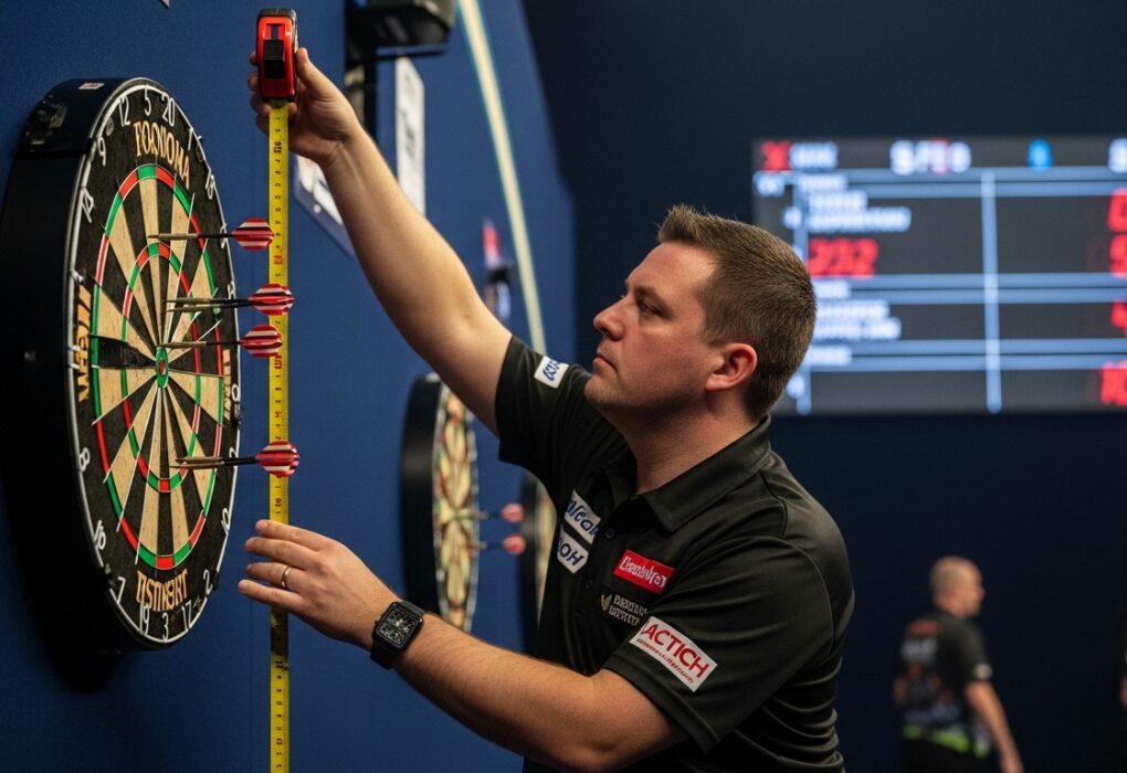 Player checking official dartboard height during setup.