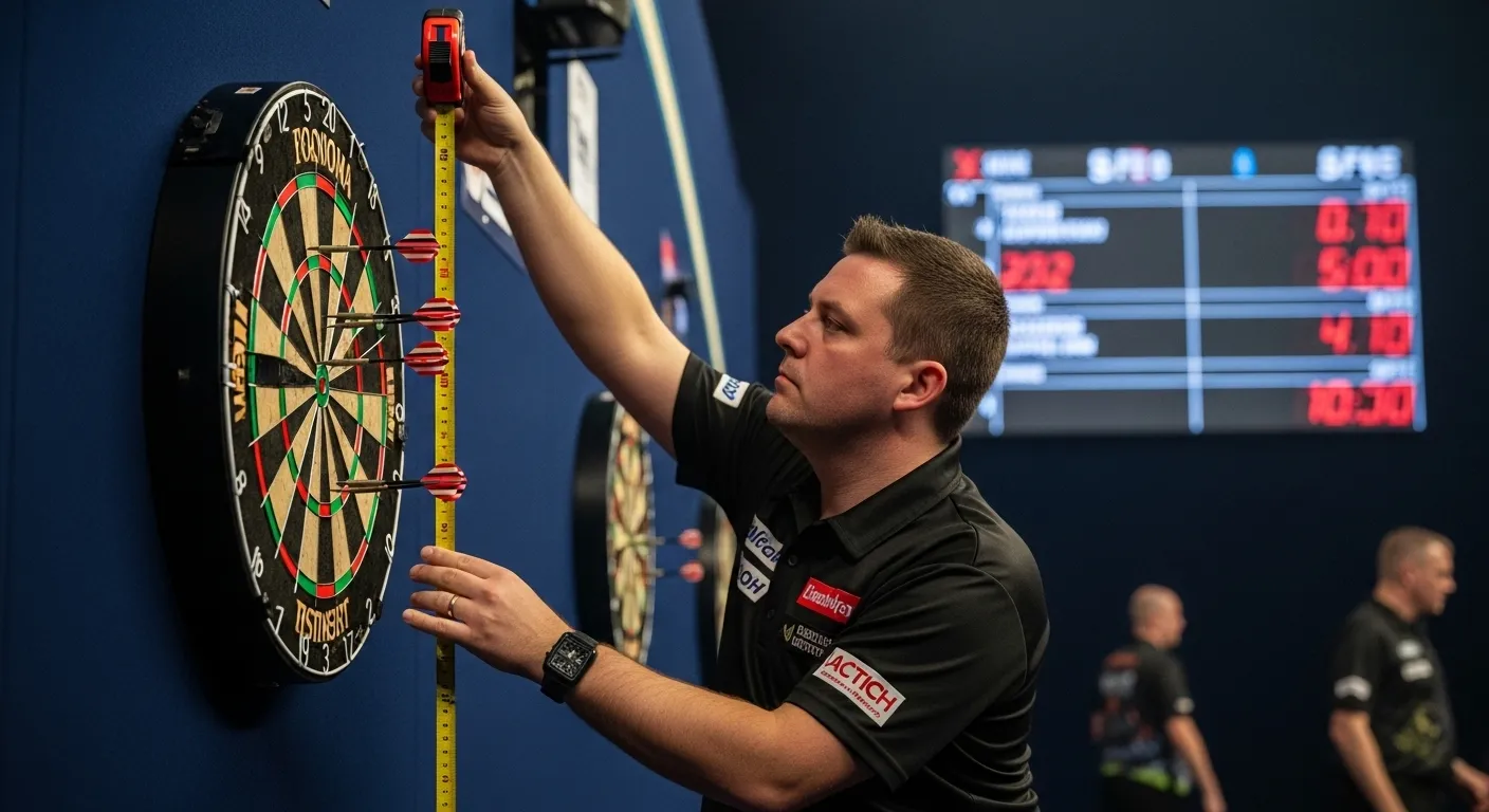Player checking official dartboard height during setup.