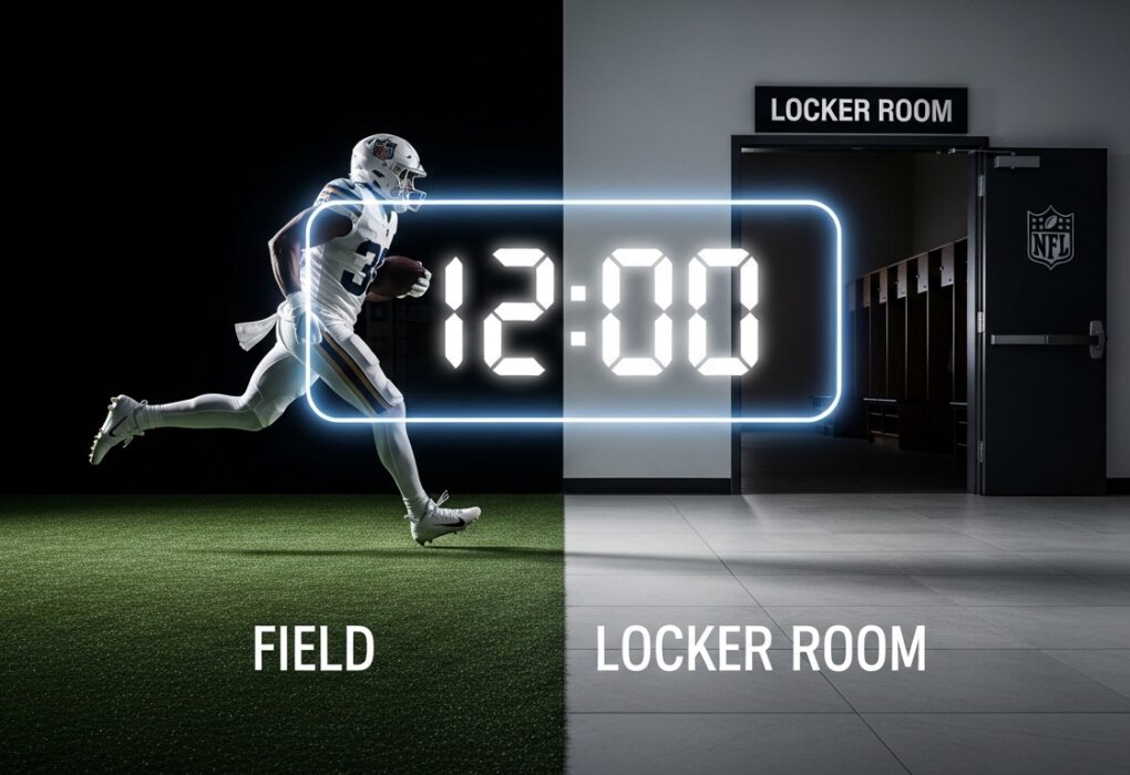 NFL player urgently running off the field and into the stadium tunnel with a glowing digital timer overlay counting down from 12:00, symbolizing the short halftime period.