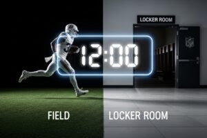 NFL player urgently running off the field and into the stadium tunnel with a glowing digital timer overlay counting down from 12:00, symbolizing the short halftime period.