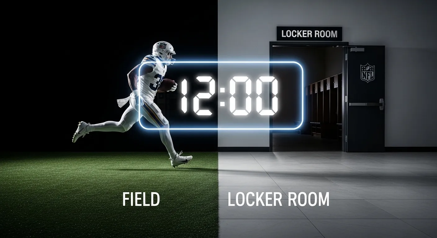 NFL player urgently running off the field and into the stadium tunnel with a glowing digital timer overlay counting down from 12:00, symbolizing the short halftime period.