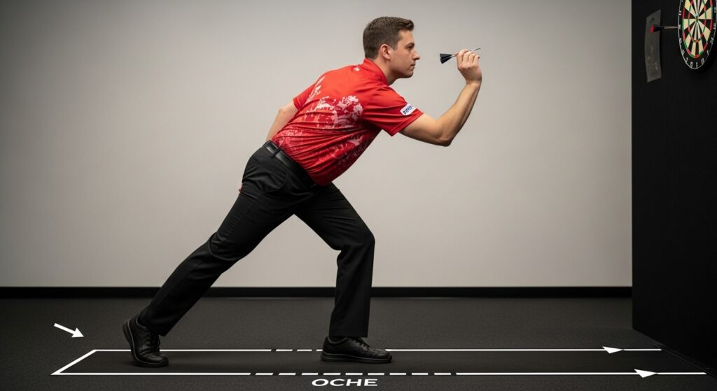 Proper dart throwing stance showing foot placement behind oche.